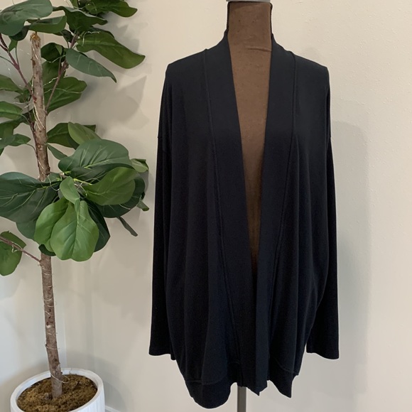 Banana Republic Baby Terry Long Cardigan Womens Size M Black Ribbed Knit Duster - Picture 16 of 16